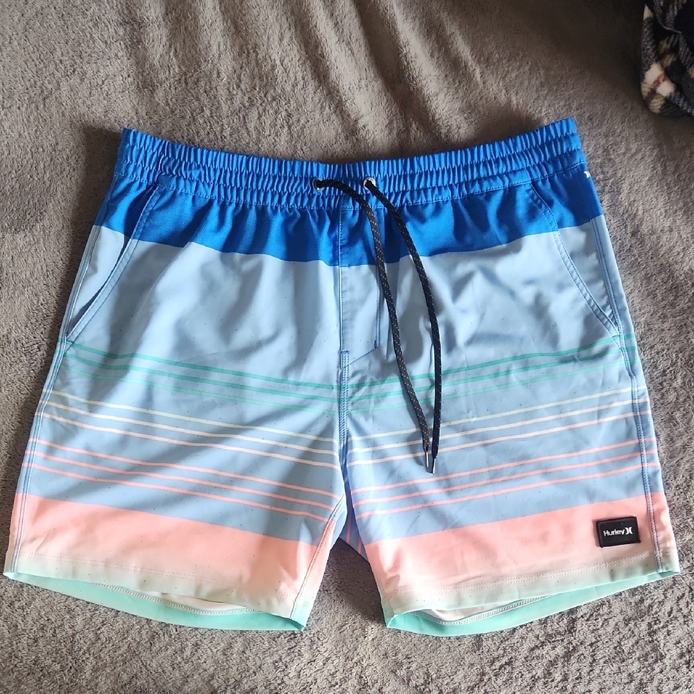 Hurley Men’s Blue Gradient Stripe Swim Trunks with Pastel Accents